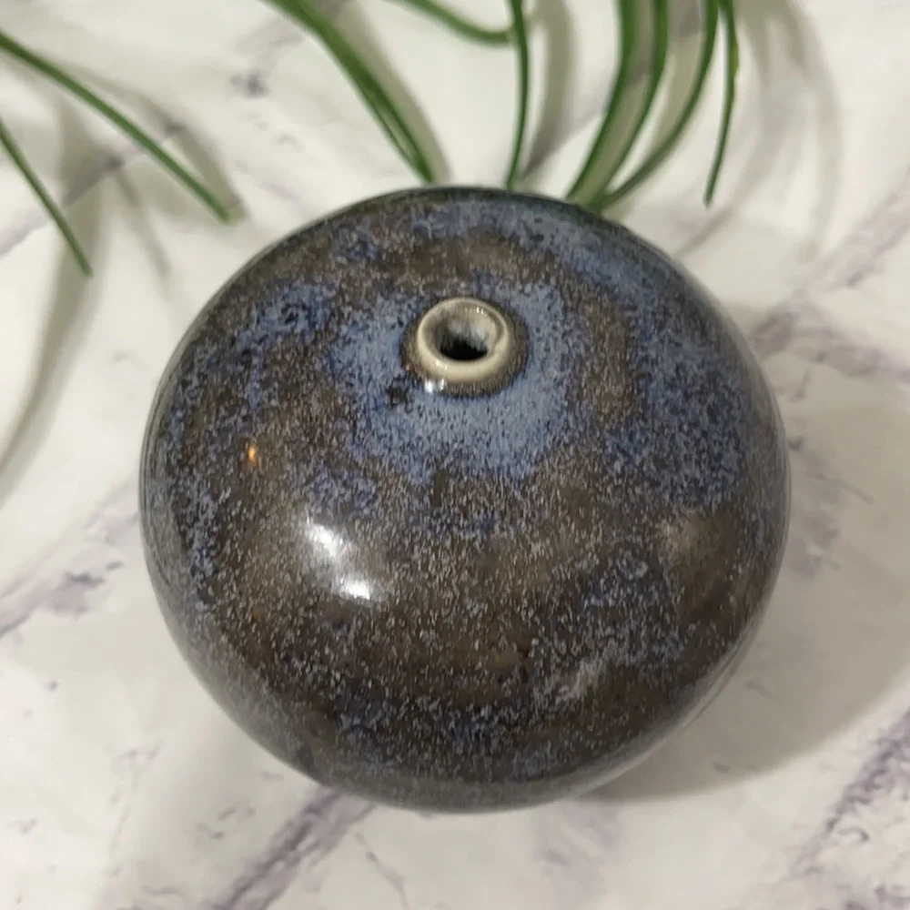 Drip Glaze Ceramic Bud Vase Artist Signed Black & Blue Bulbous Single Stem